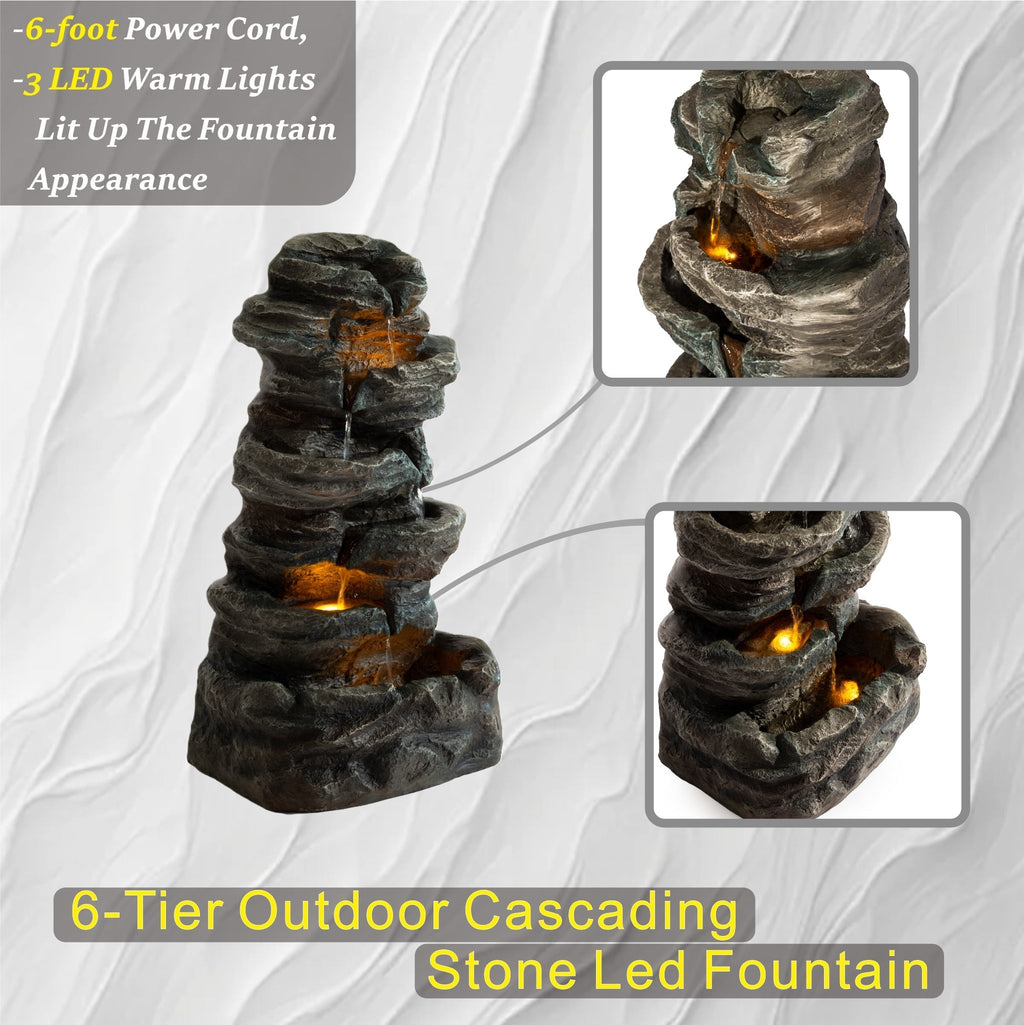 6-Tier Outdoor Cascading Stone Water Fountain with 3 LED Lights, view 9
