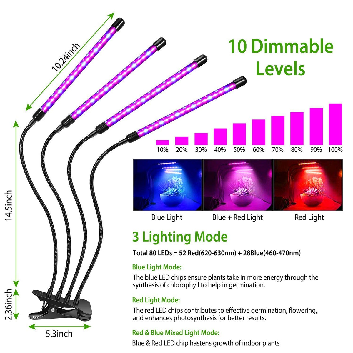 Grow Lights for Indoor Plants, iMounTEK 80W 80 LEDs Plant Lights with Red Blue Full Spectrum 10 Dimmable, view 8