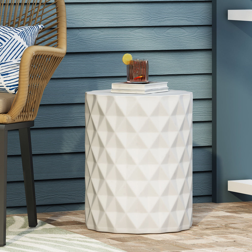 Diamond-Pattern Cylinder Concrete Side Table – Antique White, view 4