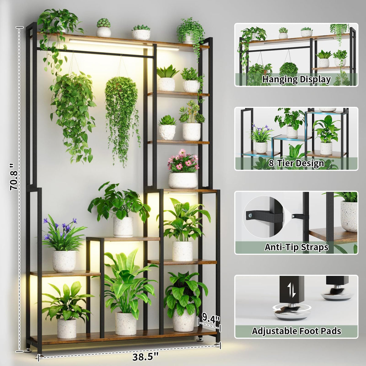 Large 8-tier indoor plant stand with grow light, view 4