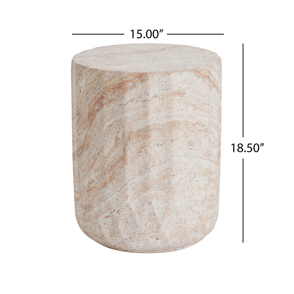Outdoor / Indoor Lightweight Concrete Side Table, Cylinder Travertine Finish Accent Table - Beige, view 6