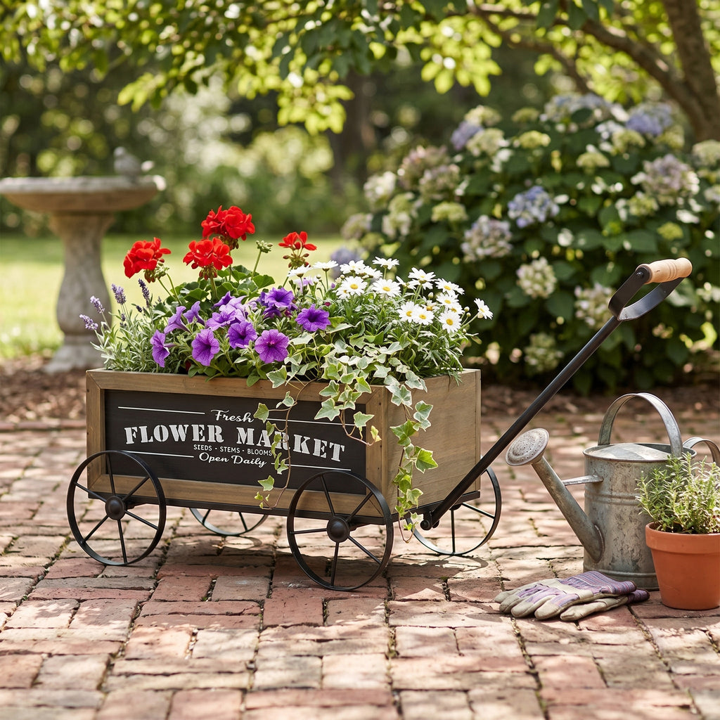 16.5x9.5x8" Rustic Wooden Wagon Planter with Flower Market Sign, view 9