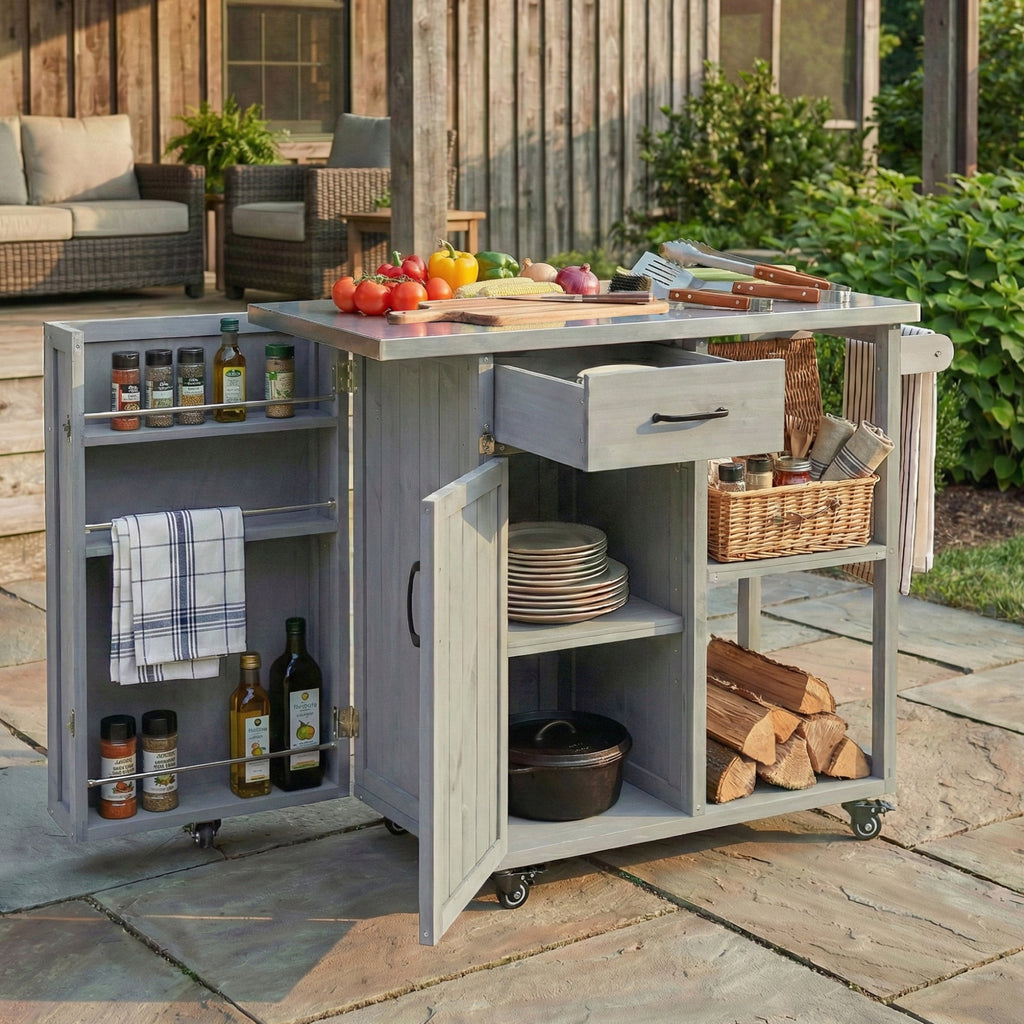 Outdoor Kitchen Island Fir Wood Prep Station with Stainless Steel Top, view 3