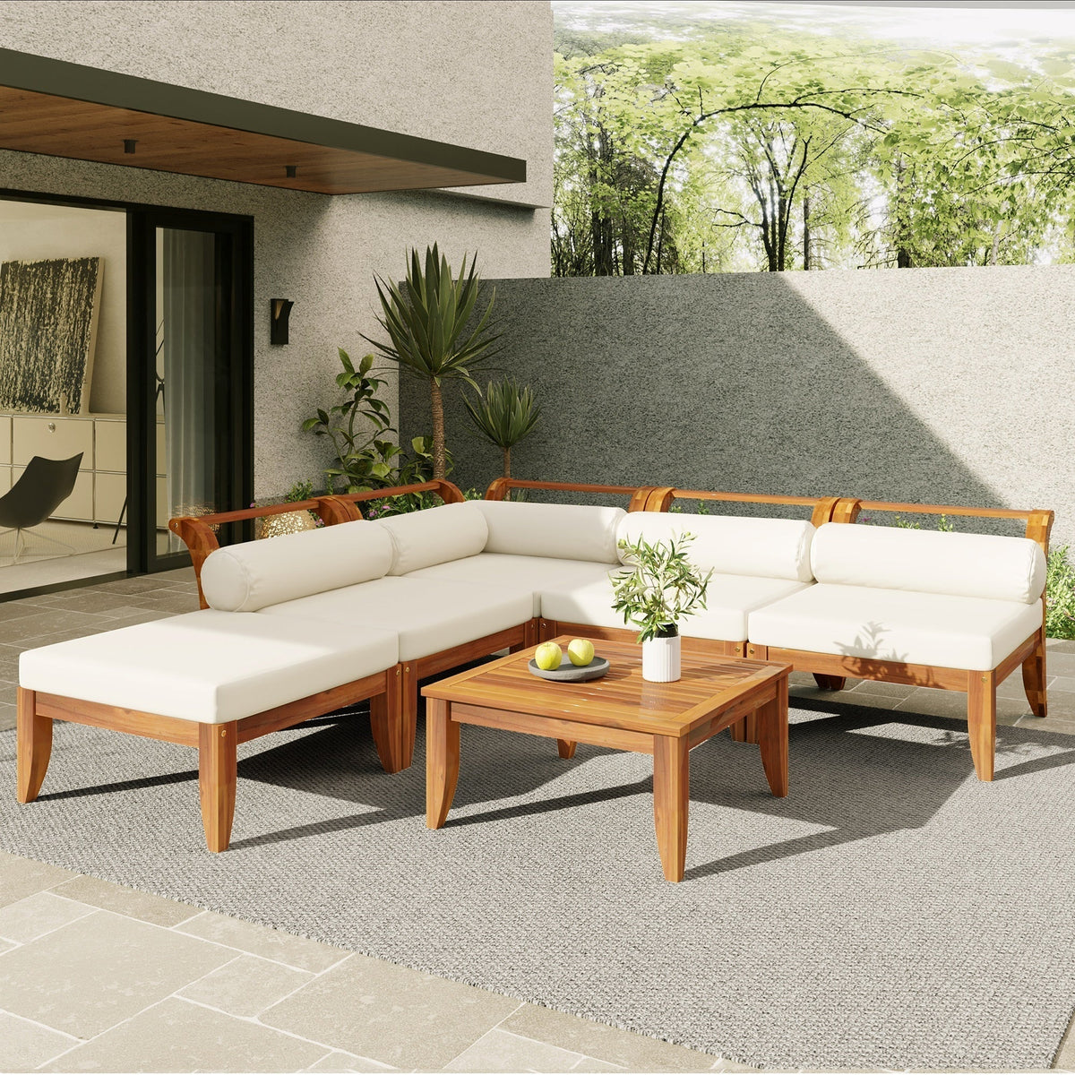 6 Piece Acacia Wood Outdoor Modular Sectional with Daybed and Tea Table, view 2