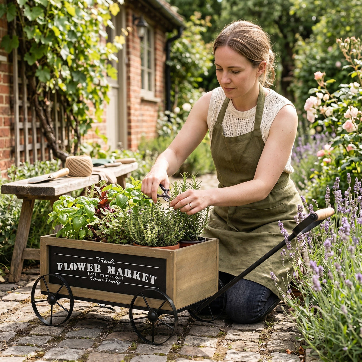 16.5x9.5x8" Rustic Wooden Wagon Planter with Flower Market Sign, view 8