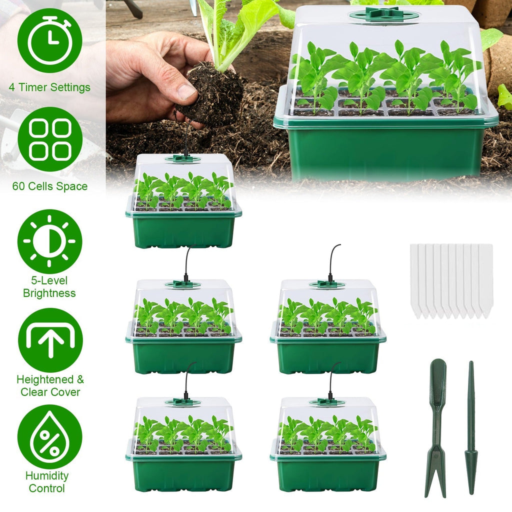 5Packs Seed Starter Tray With Grow Light Humidity Dome Germination Kit with 5-Level Brightness 4 Timers, view 3