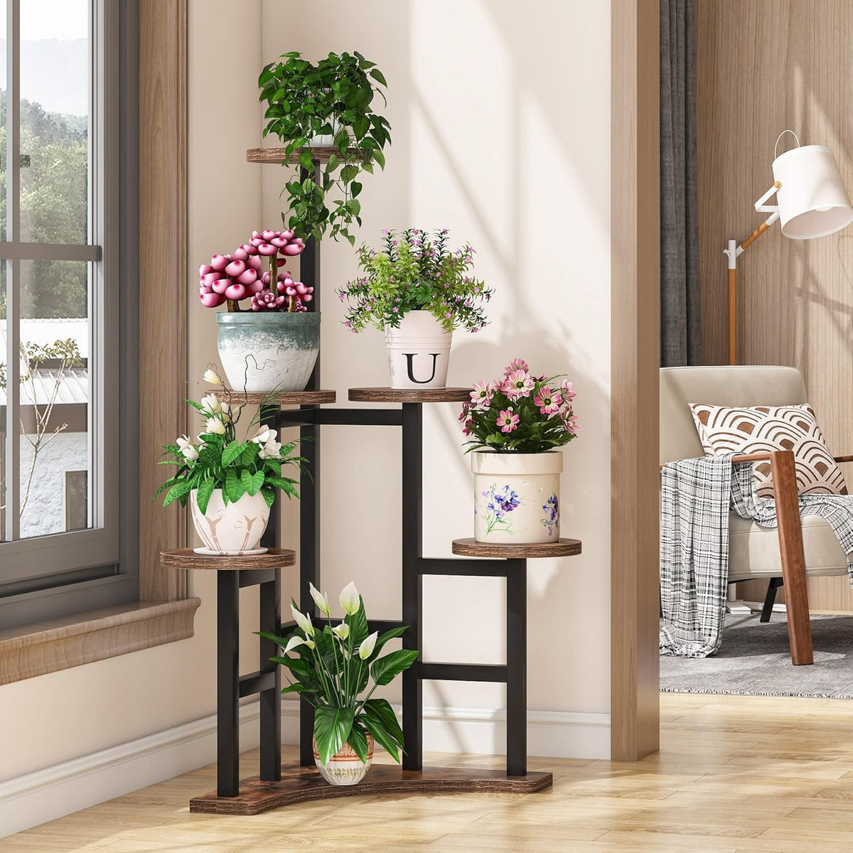 6-tier corner plant shelf, rustic brown, view 2