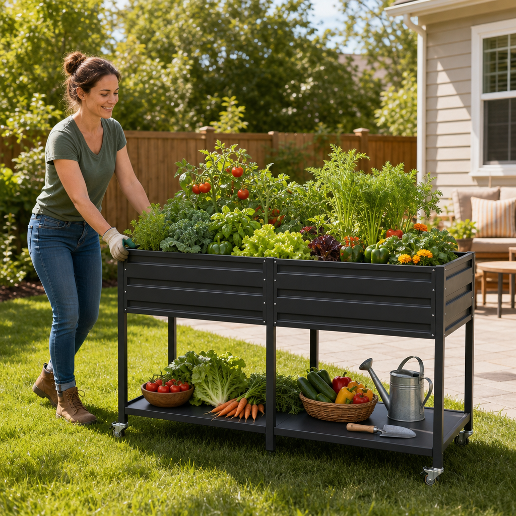 Dual Tier Elevated Metal Raised Garden Bed with Lockable Wheels & Lower Storage Shelf, view 3