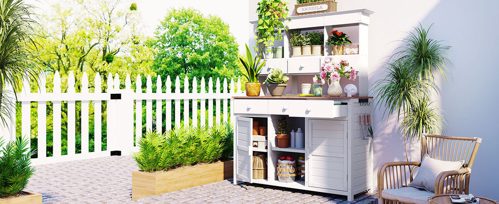 TOPMAX 65.7" Potting Bench with Hutch, 6 Drawers & Cabinets