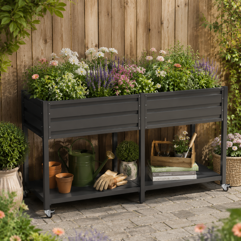 Dual Tier Elevated Metal Raised Garden Bed with Lockable Wheels & Lower Storage Shelf, view 2