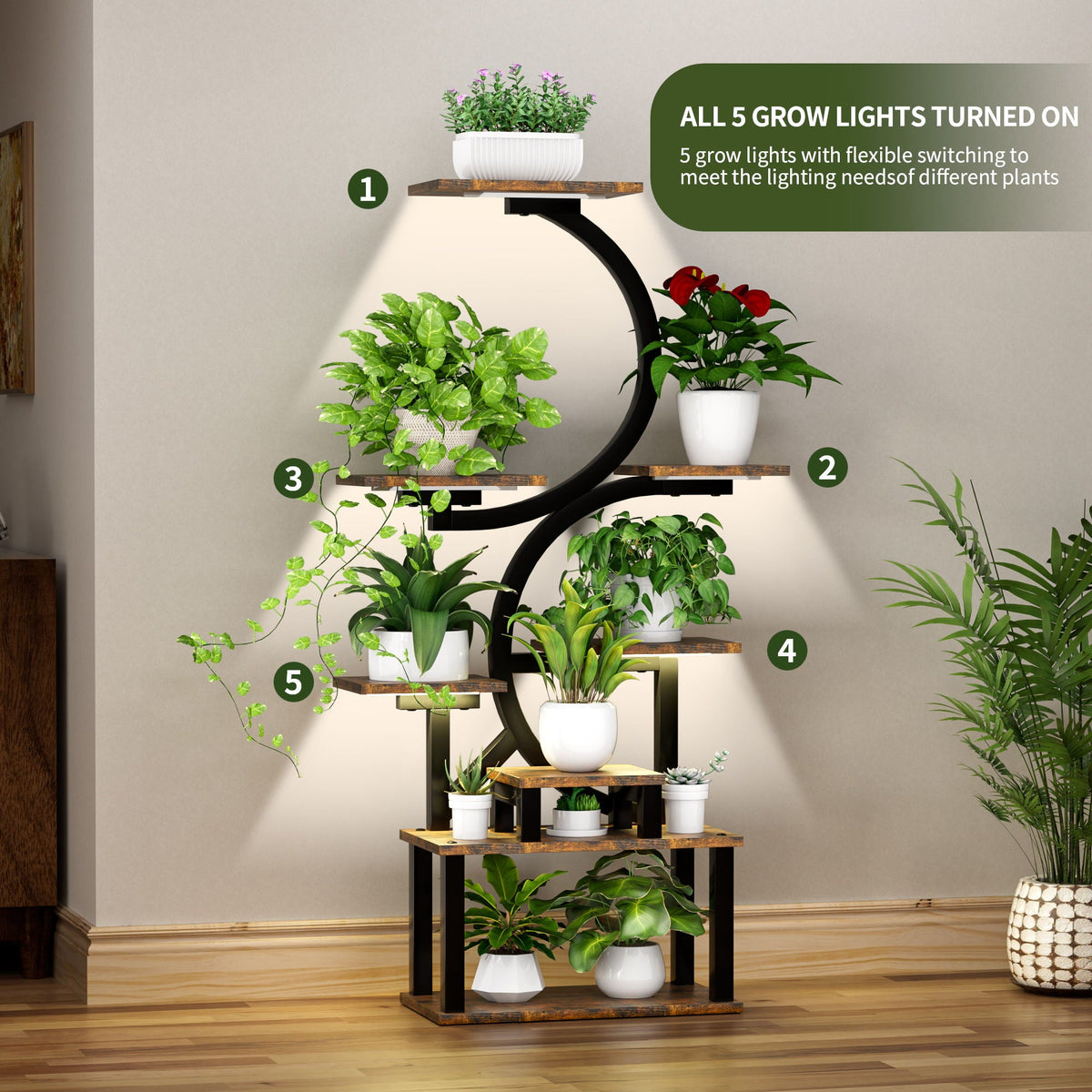 8-tier plant stand with 5 grow lights, rustic brown, view 4
