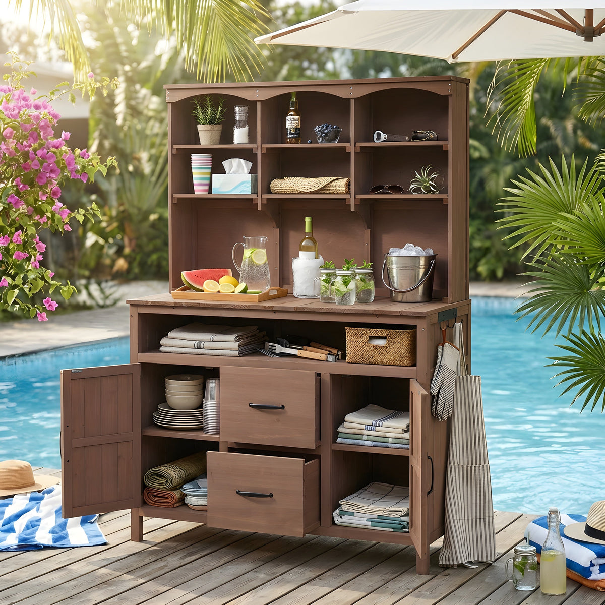 TOPMAX Large Fir Wood Potting Bench with Hutch and Storage, view 3