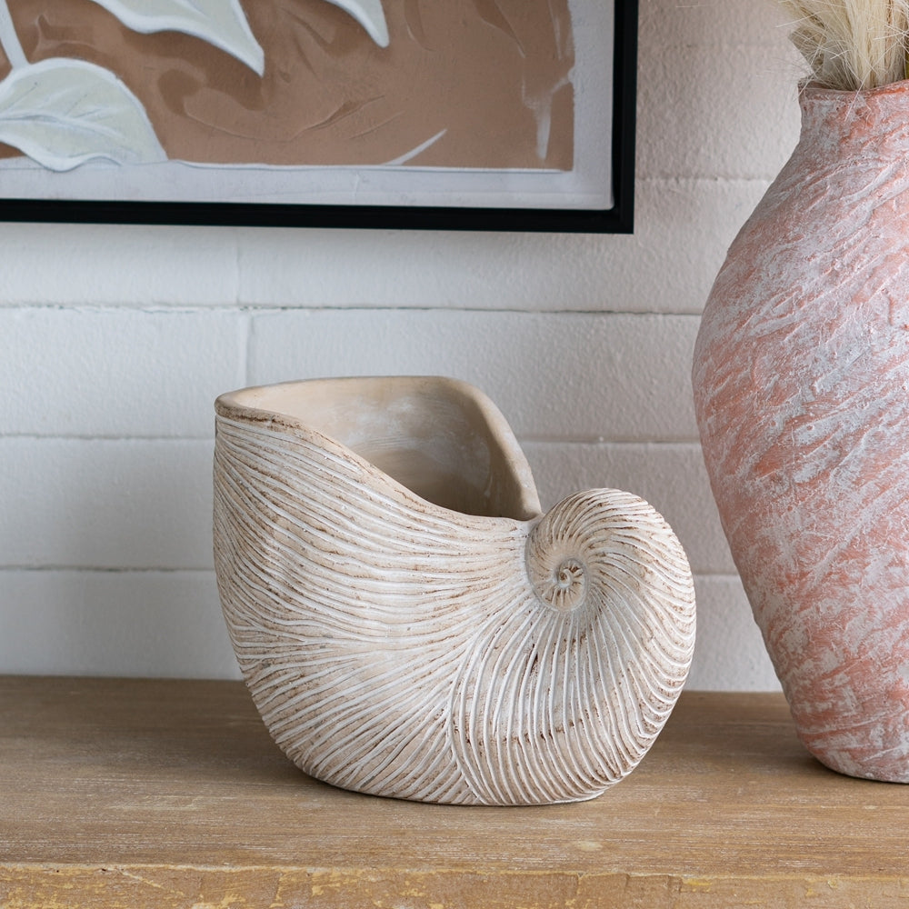 11.5x6.7x7.7" Sand and Cement Nautilus Shell Planter with Textured Beige Finish, view 2