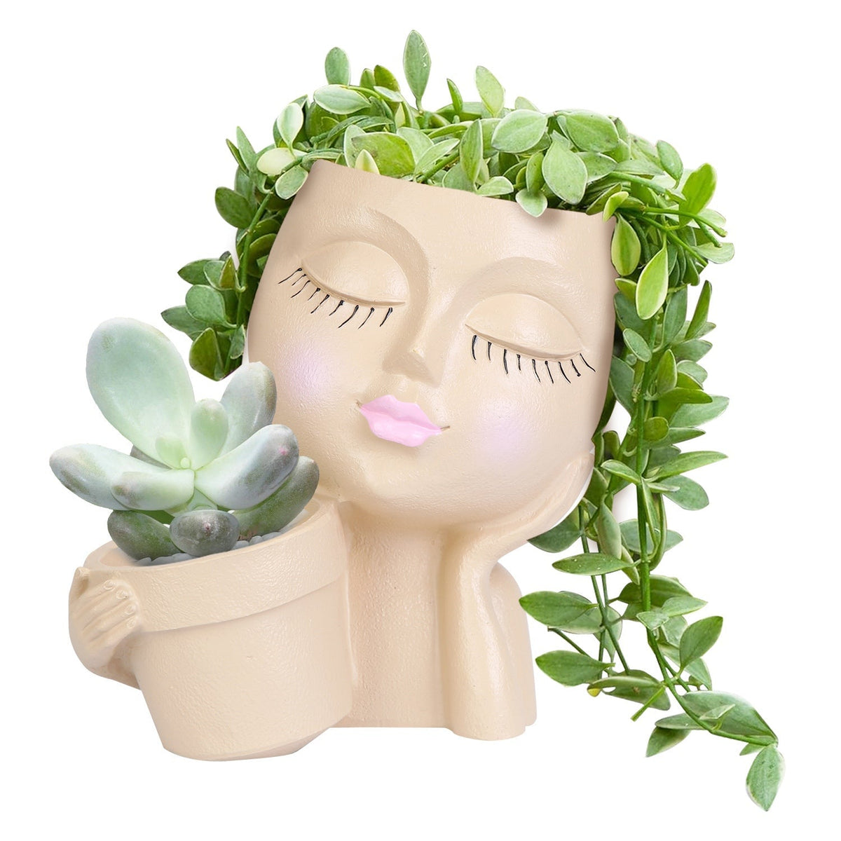 Girl Face Planter Pot Dual Opening Flower Pot With Drainage Hole Lady Head Resin Plant Pot For Succulent, view 2