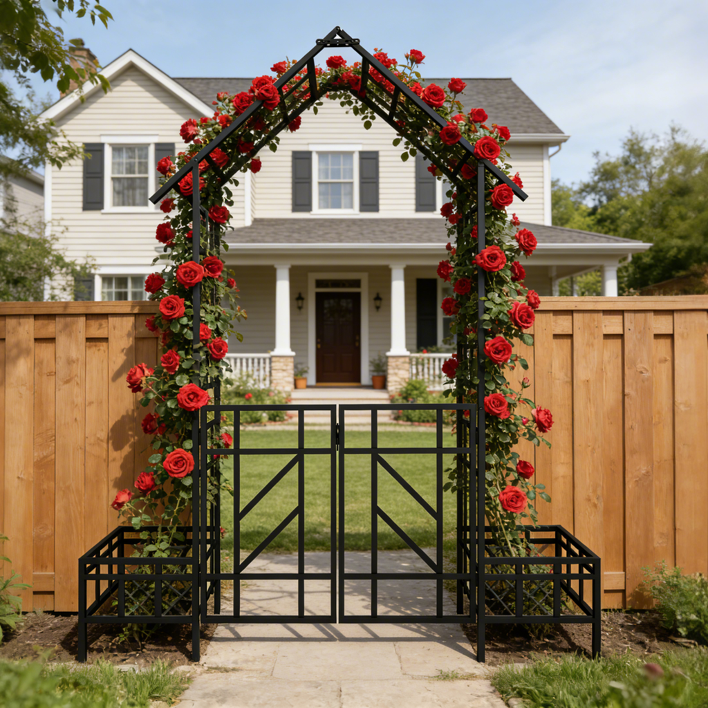 Metal Garden Arch with Gate and Planter for Climbing Plants, view 2