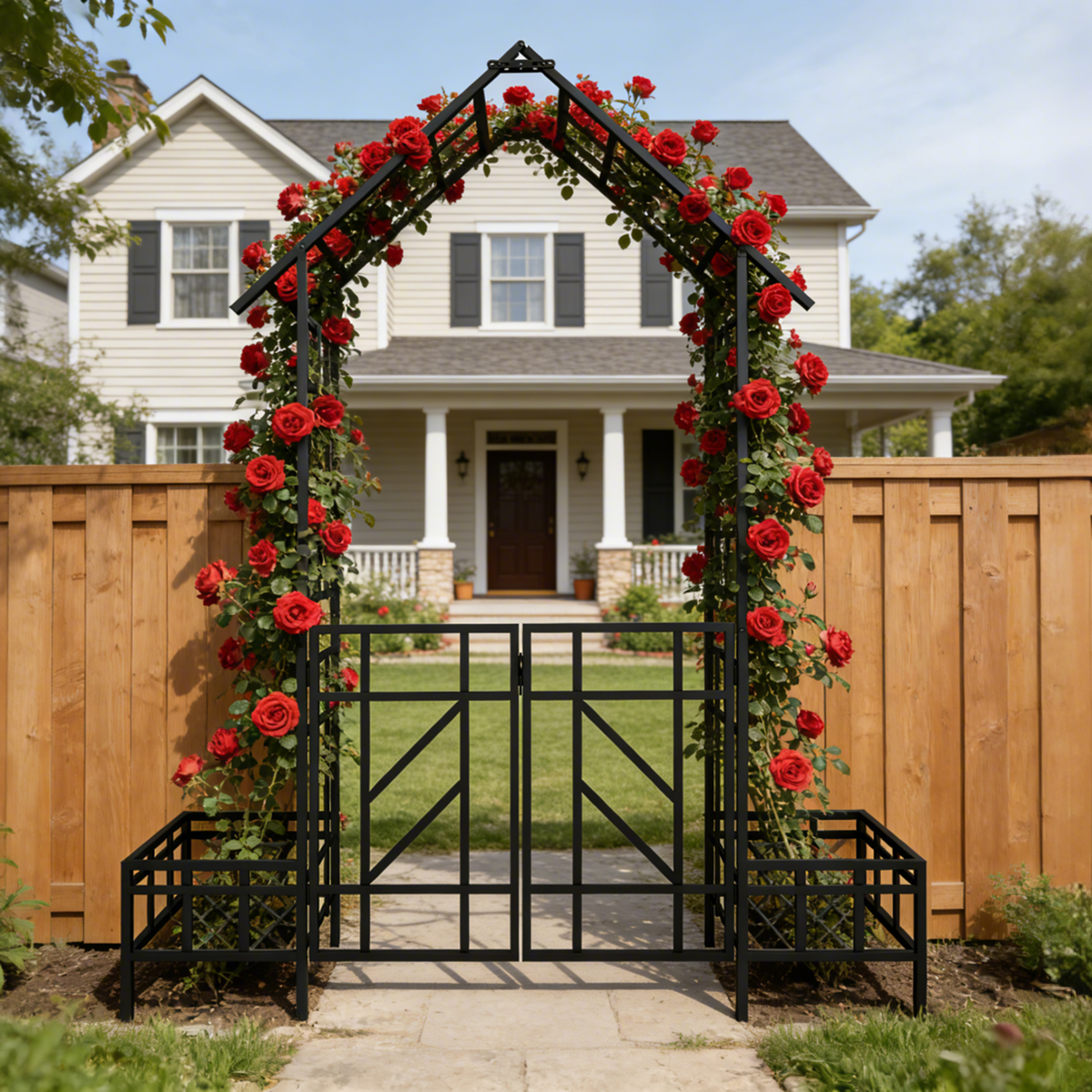 Metal Garden Arch with Gate and Planter for Climbing Plants, view 2