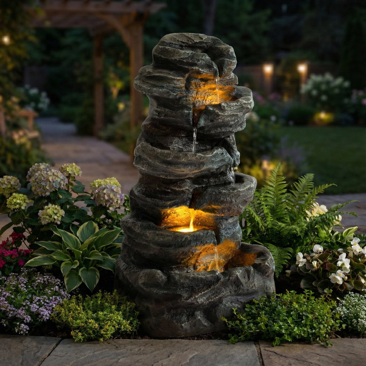 6-Tier Outdoor Cascading Stone Water Fountain with 3 LED Lights, view 2