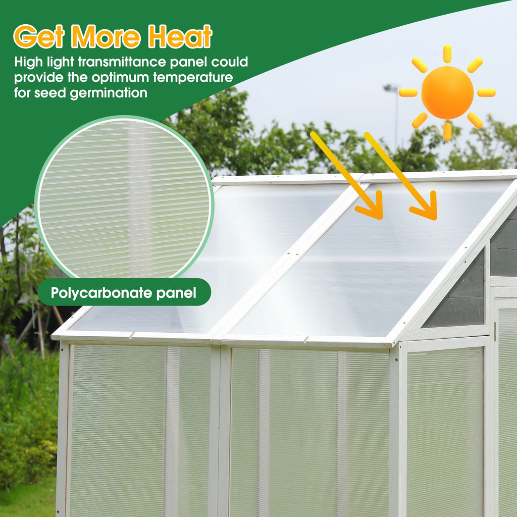 Walk-In Wooden Greenhouse with Polycarbonate Panels & Lockable Door - White / Gray, view 3