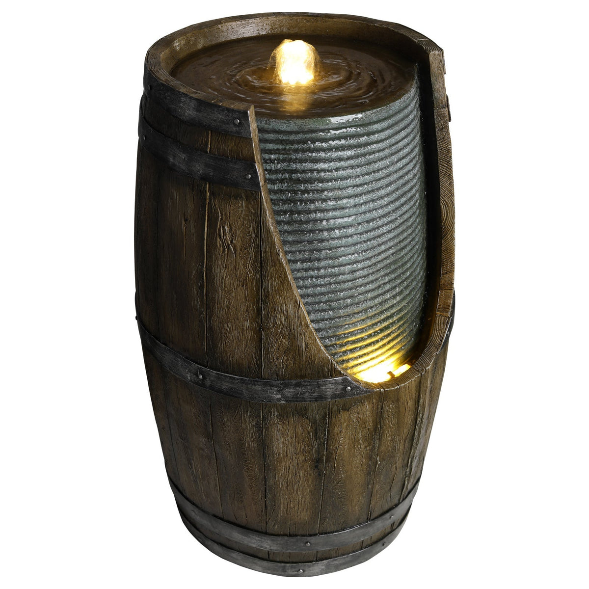 Wooden Barrel Style Outdoor Water Fountain with Lights, view 9