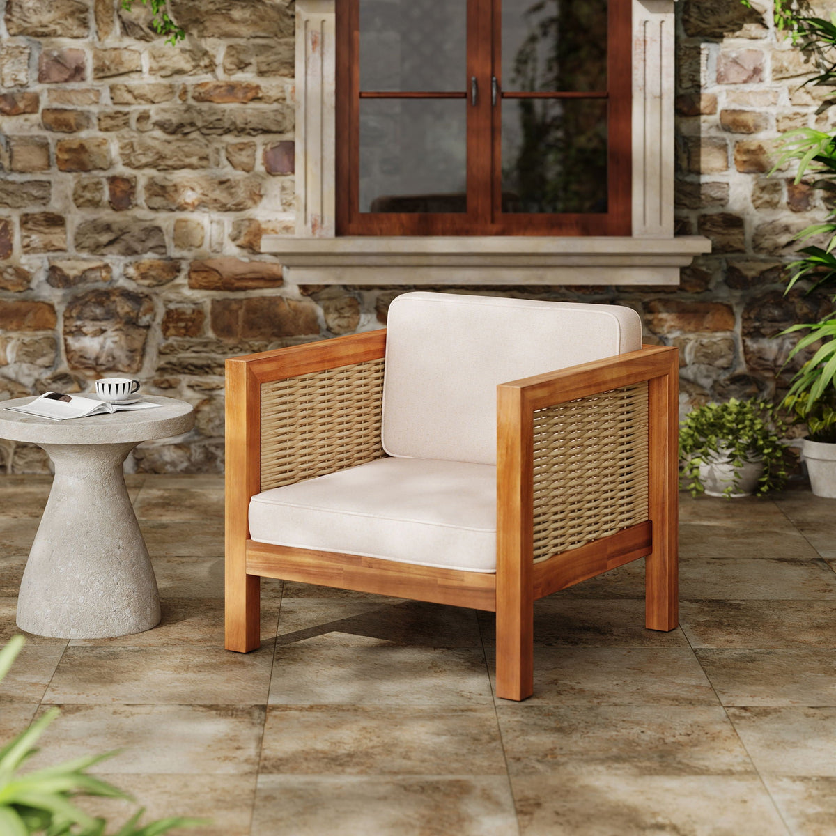 Outdoor Club Chair With Rope Arm And Cushions - Beige / Teak, view 7