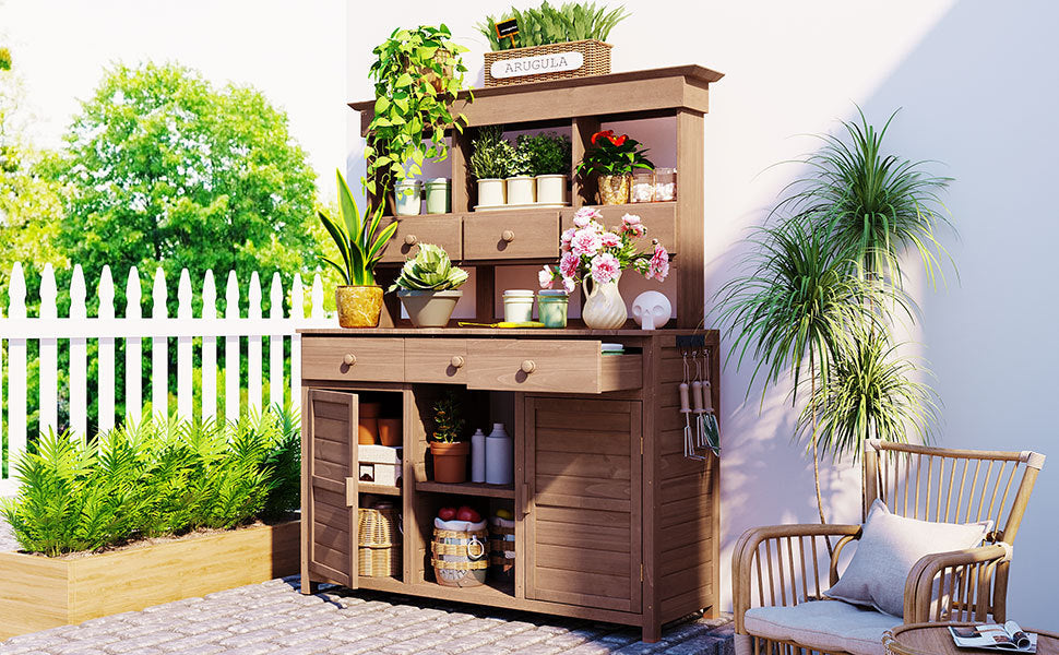 Rustic Fir Wood Potting Bench Table with Hutch – 65.7" Tall, view 15
