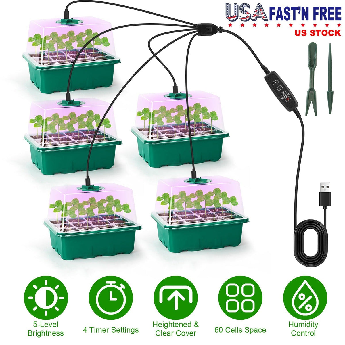 5Packs Seed Starter Tray With Grow Light Humidity Dome Germination Kit with 5-Level Brightness 4 Timers, view 7