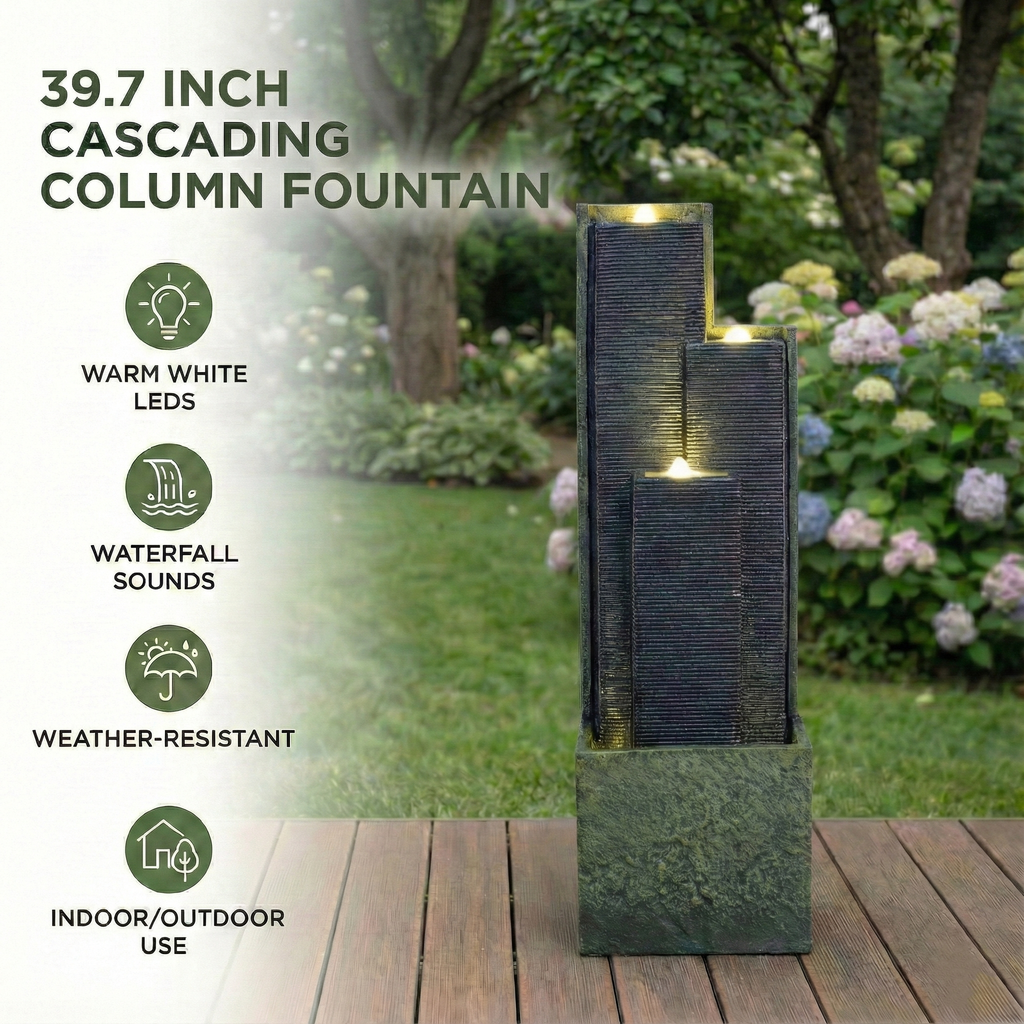 39" H Outdoor Water Fountain Modern Cascading Freestanding Fountain with LED Lights for Garden Patio Porch, view 2