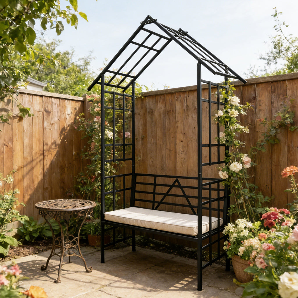 Metal Garden Arch with Bench Turned into Flower Stand, view 9