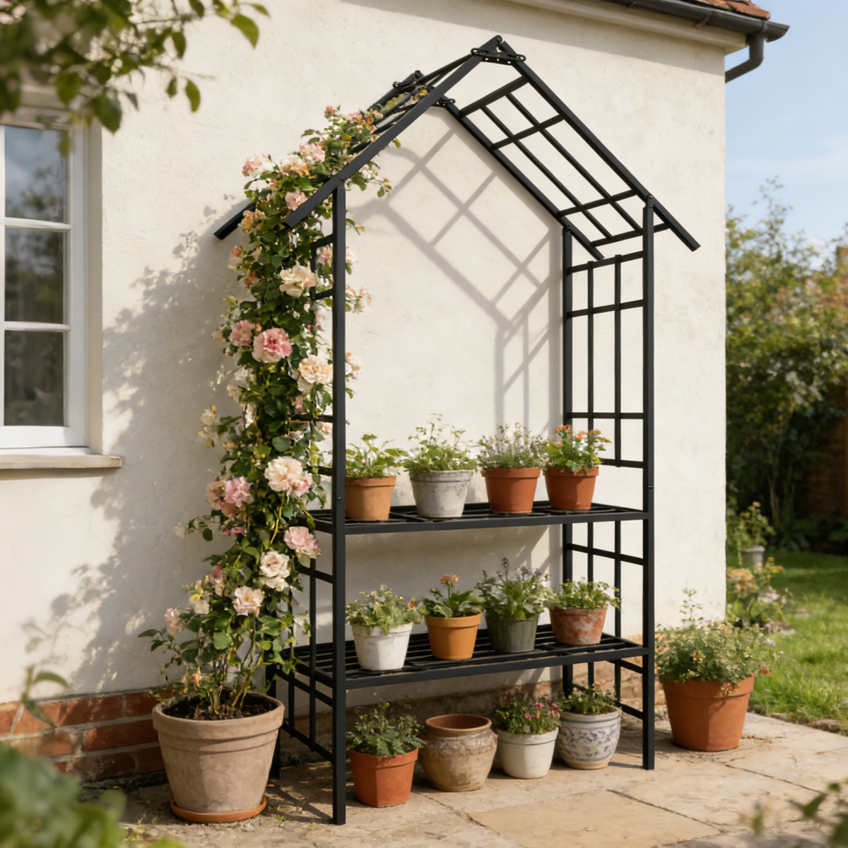 Metal Garden Arch with Bench Turned into Flower Stand, view 6