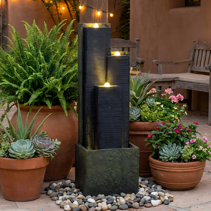 39" H Outdoor Water Fountain Modern Cascading Freestanding Fountain with LED Lights for Garden Patio Porch