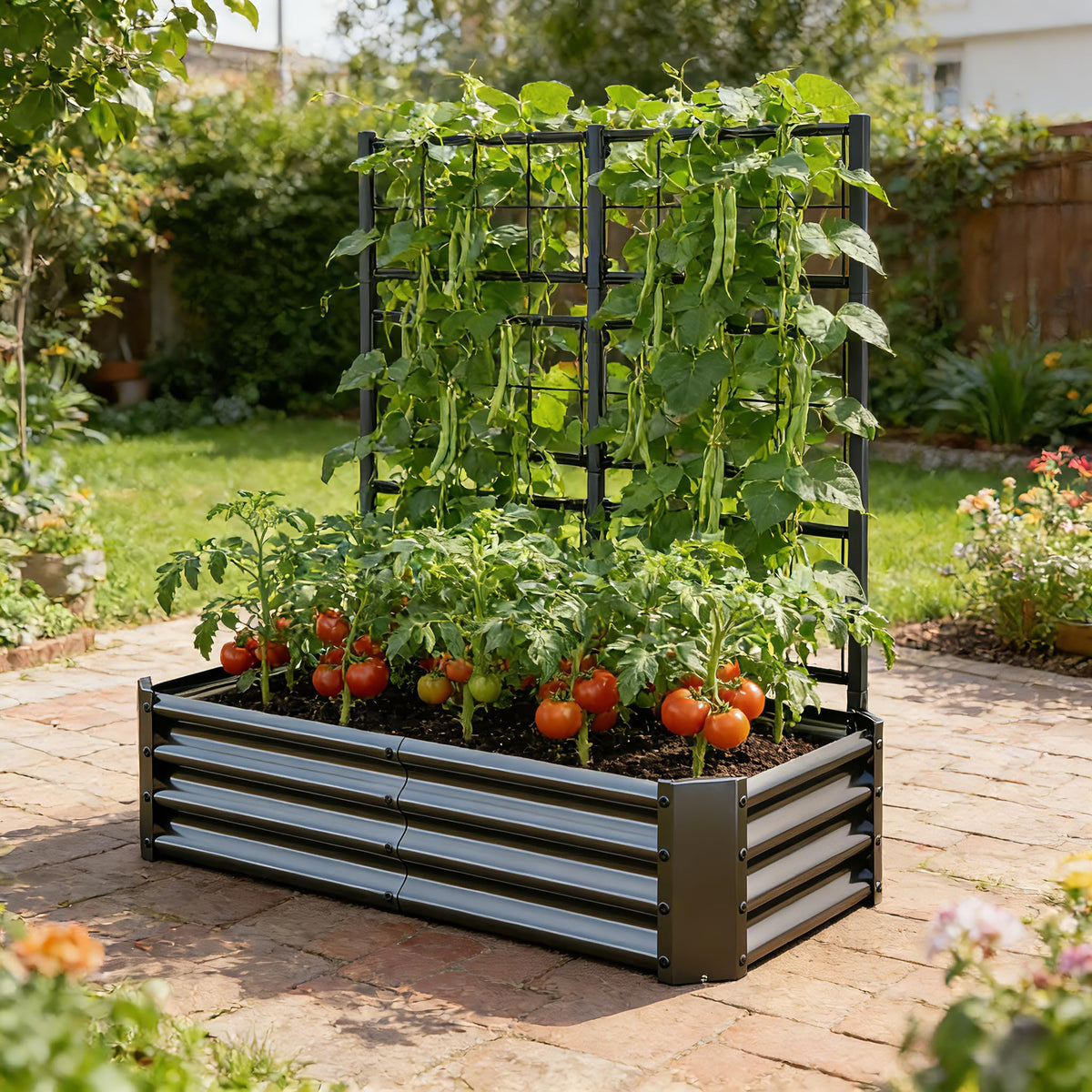 4x2x1FT Galvanized Raised Garden Bed with Arch Trellis – Black
