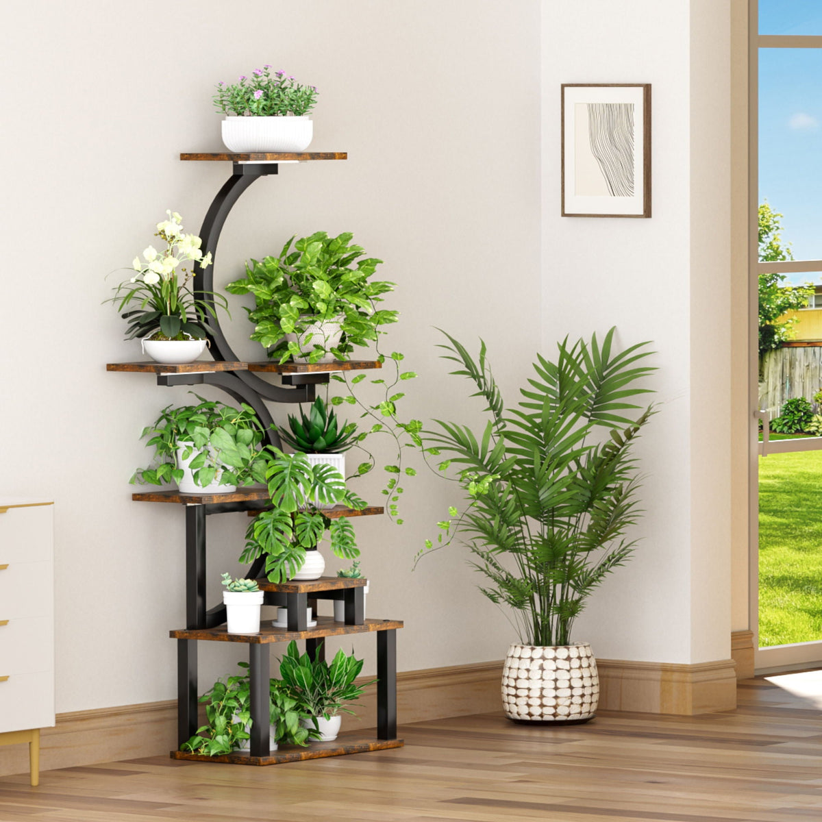 8-tier plant stand with 5 grow lights, rustic brown, view 5