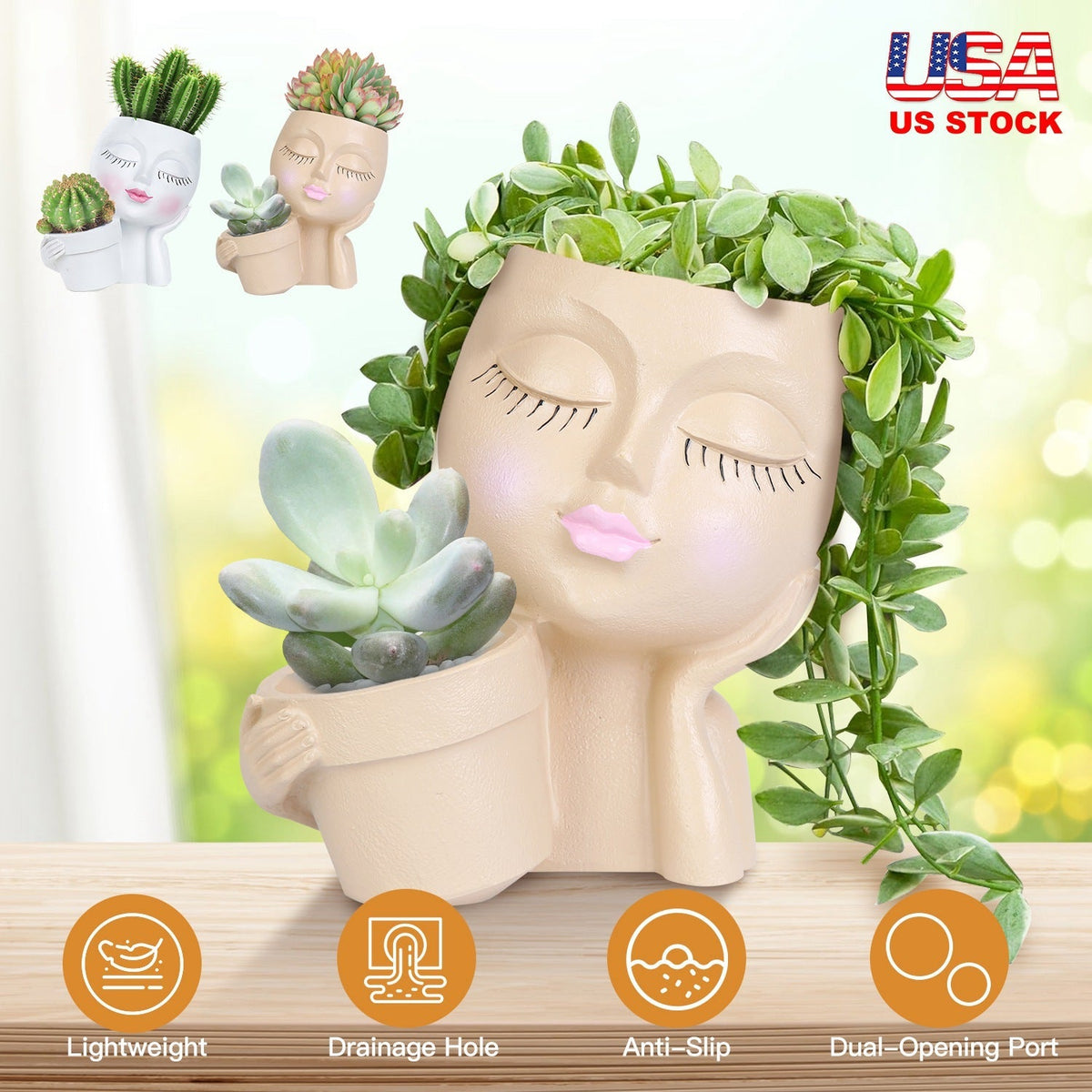 Girl Face Planter Pot Dual Opening Flower Pot With Drainage Hole Lady Head Resin Plant Pot For Succulent, view 8