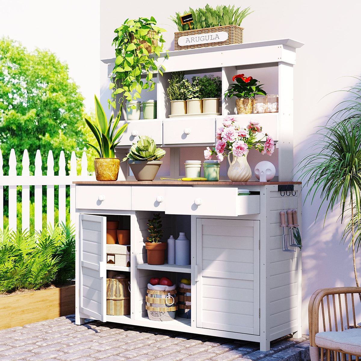 TOPMAX 65.7" Potting Bench with Hutch, 6 Drawers & Cabinets