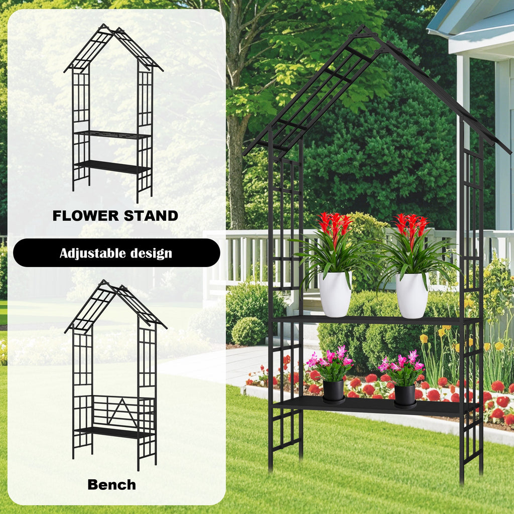 Metal Garden Arch with Bench Turned into Flower Stand, view 2