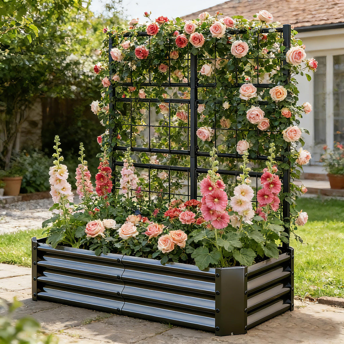 4x2x1FT Galvanized Raised Garden Bed with Arch Trellis – Black