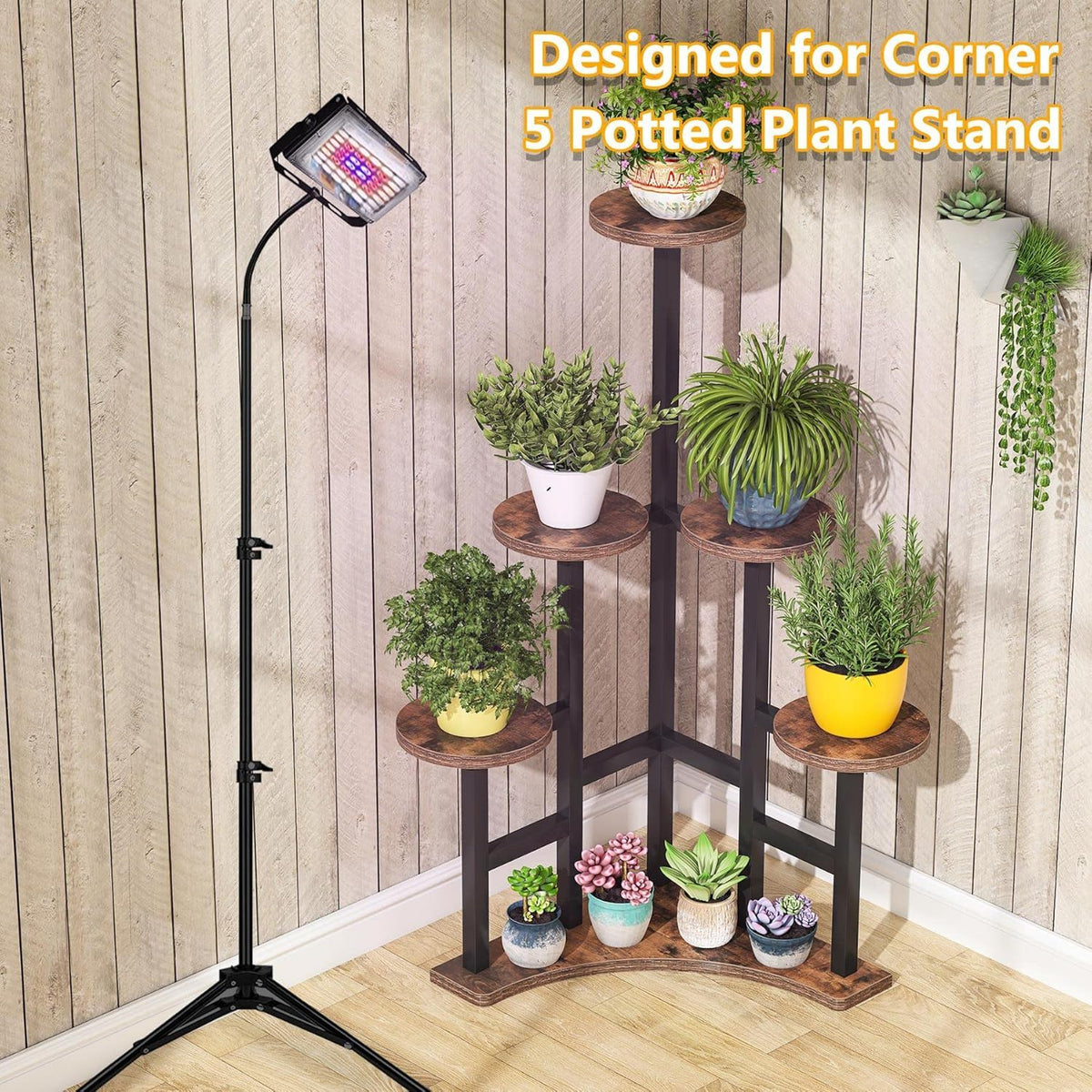 6-tier corner plant shelf, rustic brown, view 3