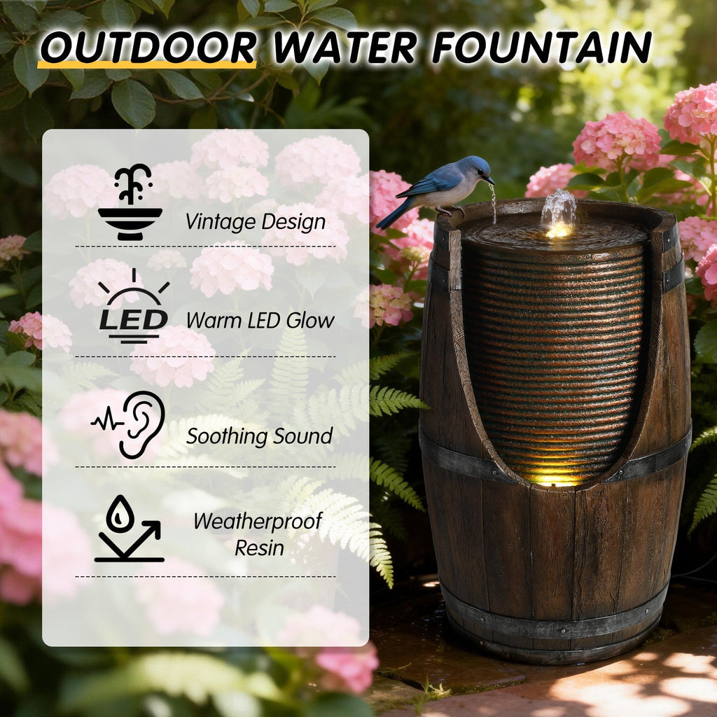 Outdoor Barrel Water Fountain with Rustic Wood Look Resin, view 6
