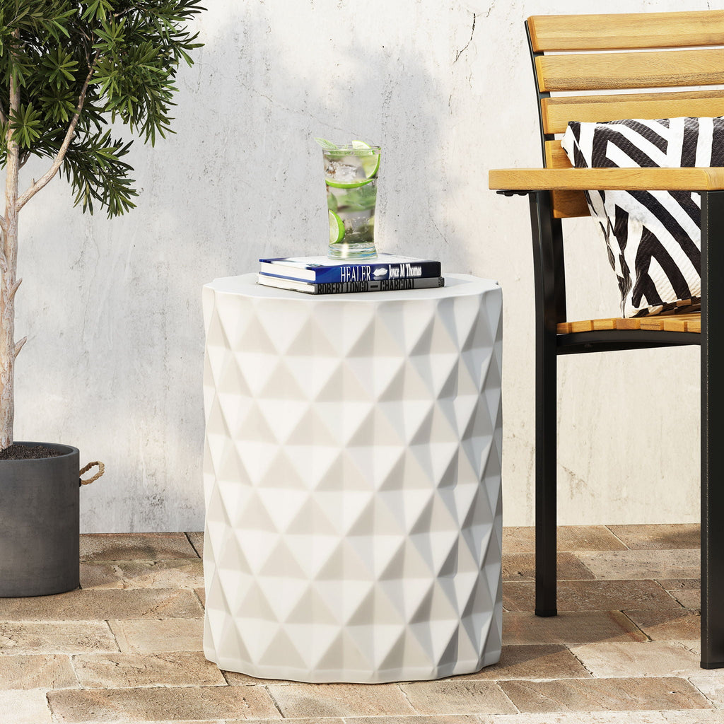 Diamond-Pattern Cylinder Concrete Side Table – Antique White, view 6