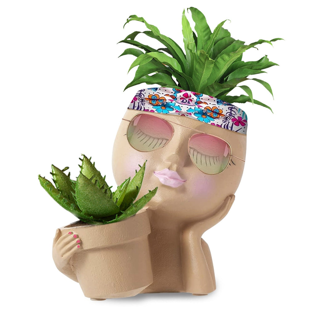 Girl Face Planter Pot Dual Opening Flower Pot With Drainage Hole Lady Head Resin Plant Pot For Succulent, view 3