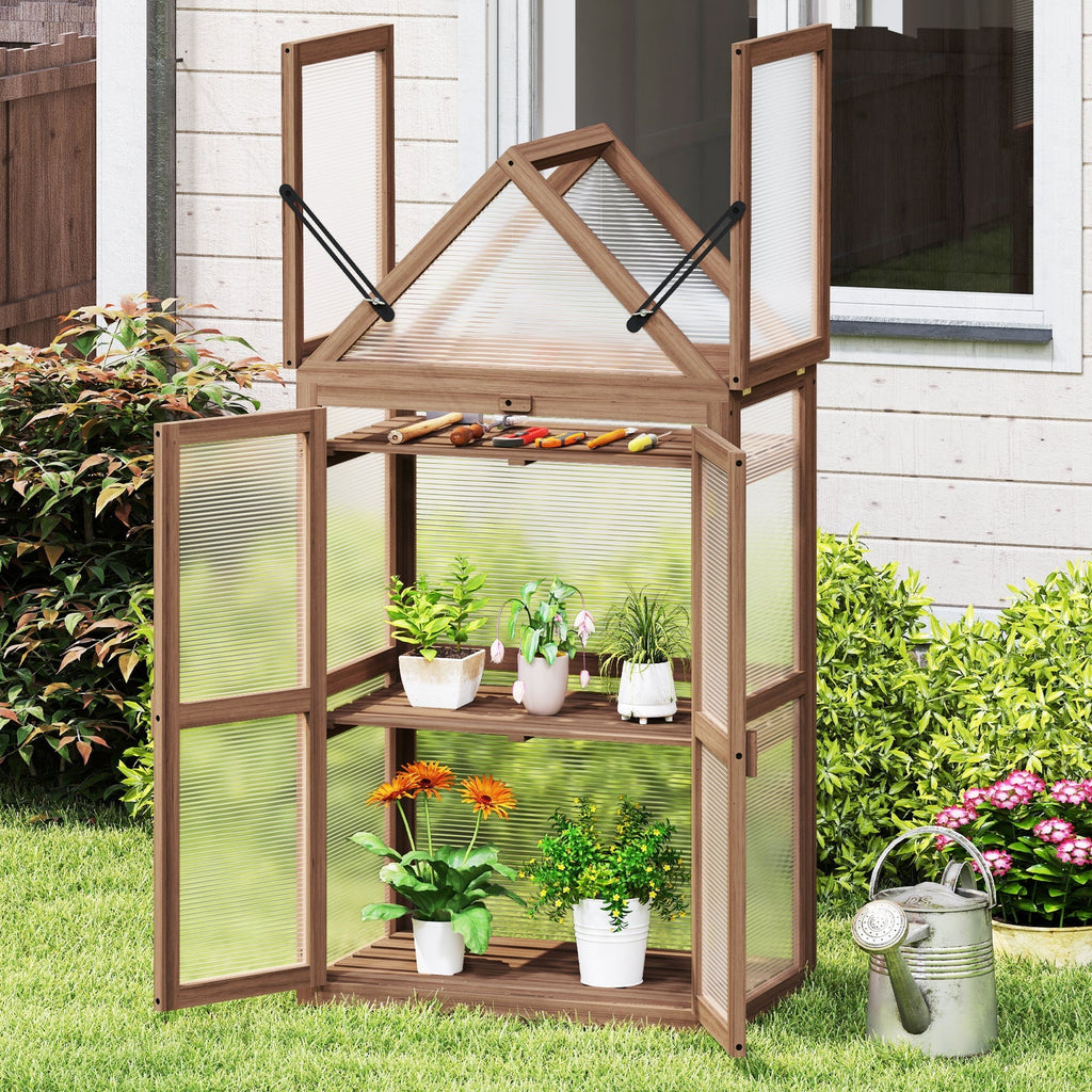 Cold Frame Mini Wooden Greenhouse for Vegetable and Flower-Brown, view 2