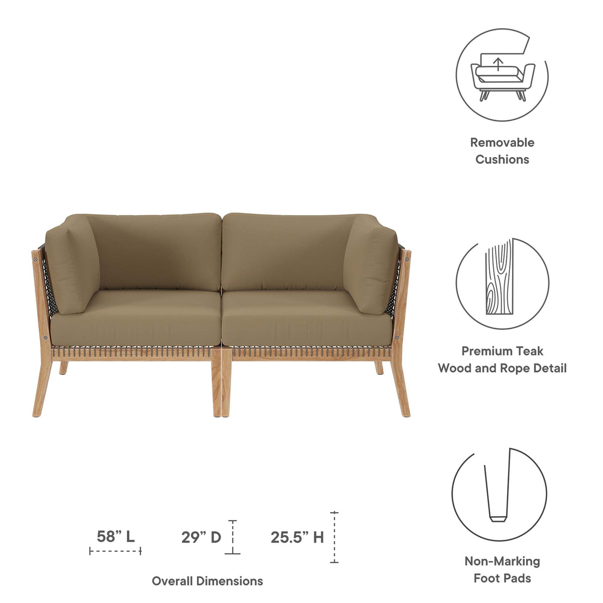 Clearwater Outdoor Patio Teak Wood Loveseat by Modway, view 2