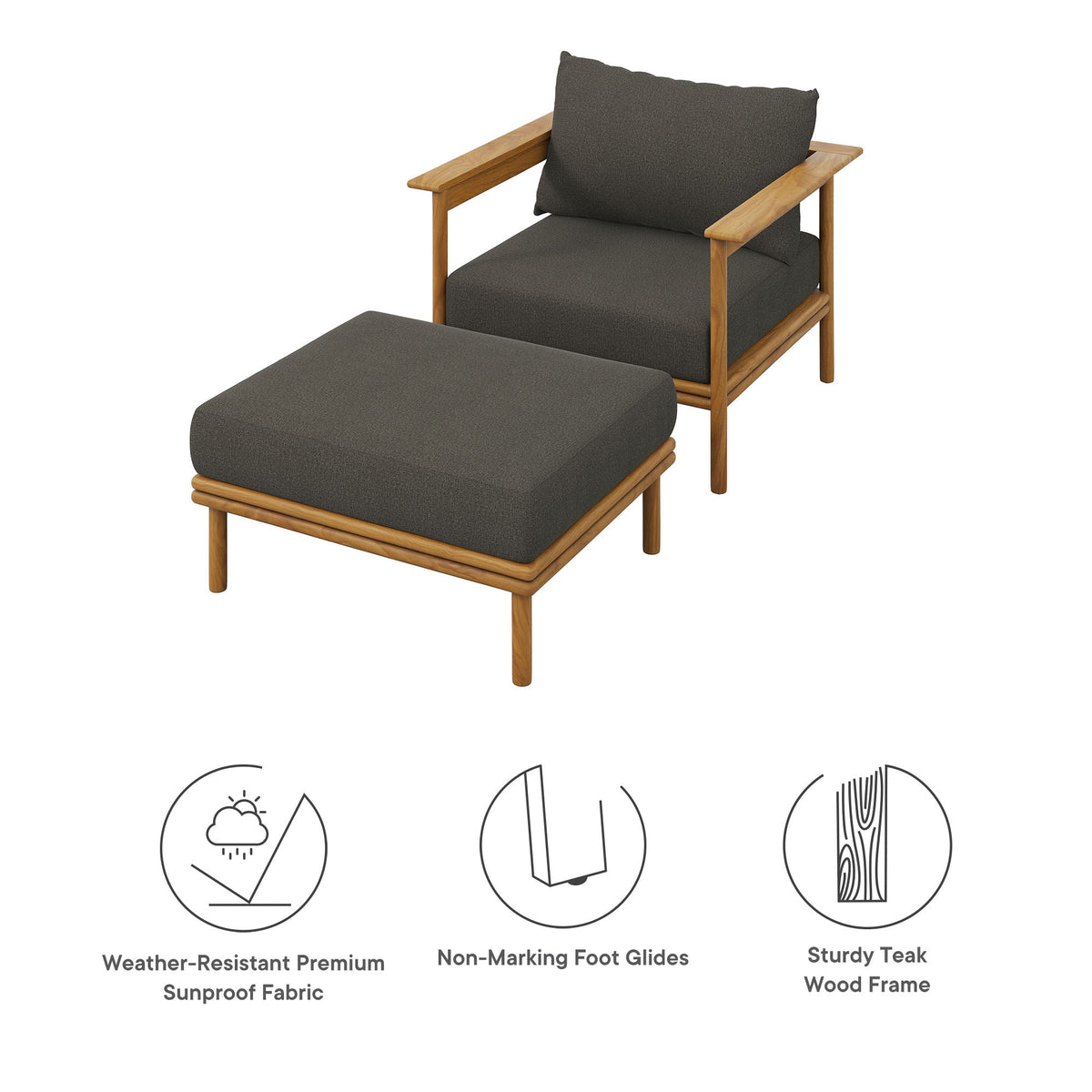 Wren Outdoor Patio Teak Wood Armchair and Ottoman Set by Modway, view 2