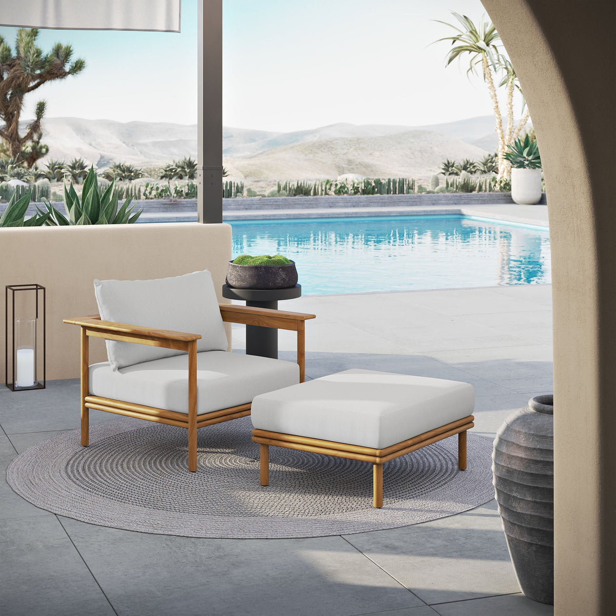 Wren Outdoor Patio Teak Wood Armchair and Ottoman Set by Modway, view 8