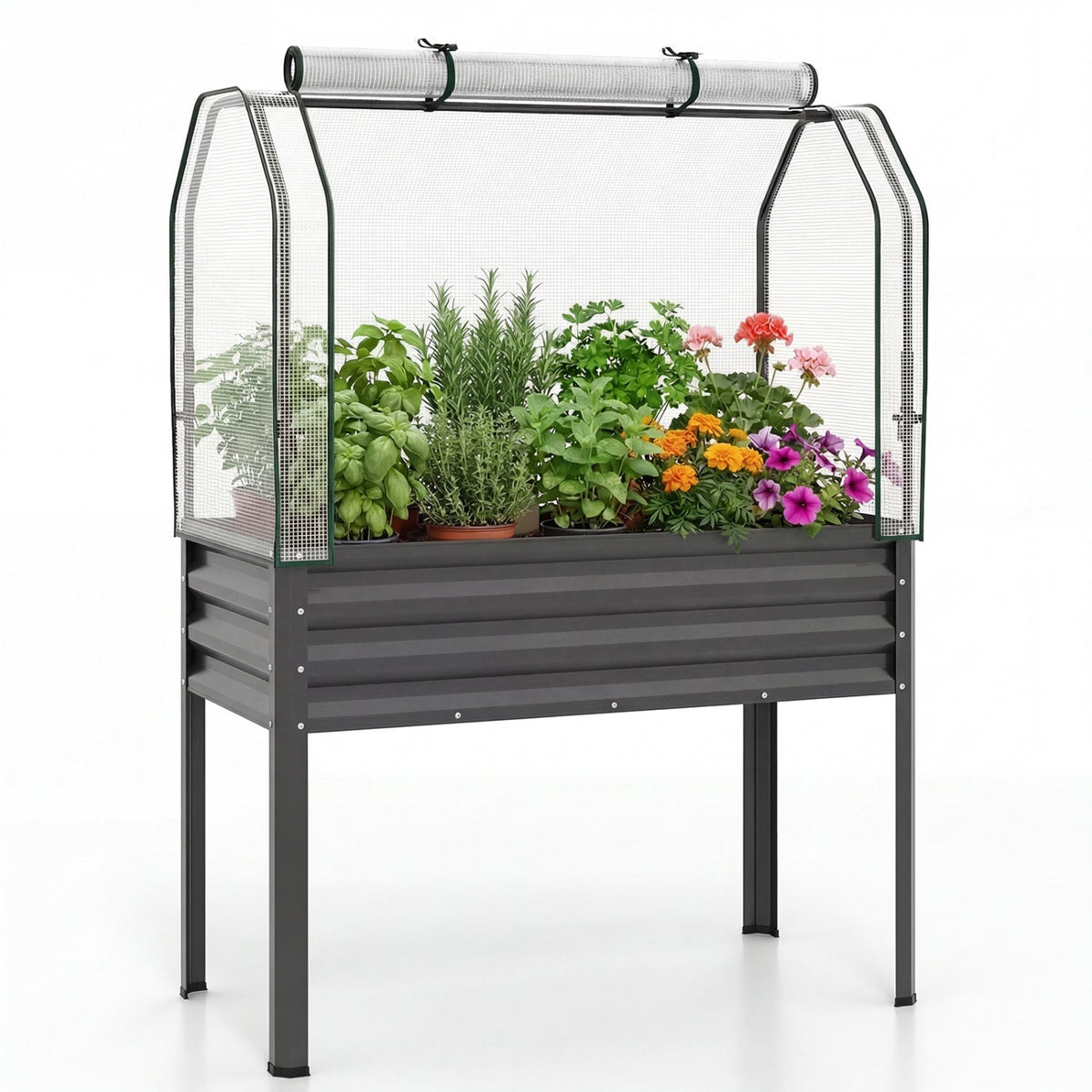 Galvanized Raised Garden Bed with Legs and Greenhouse Cover for Vegetable Flower, view 2
