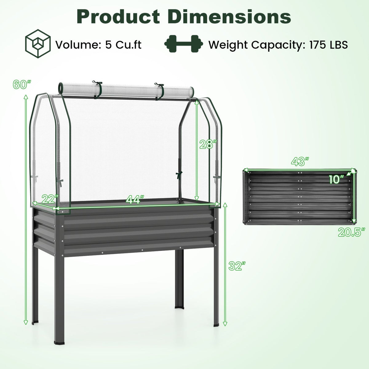 Galvanized Raised Garden Bed with Legs and Greenhouse Cover for Vegetable Flower, view 13
