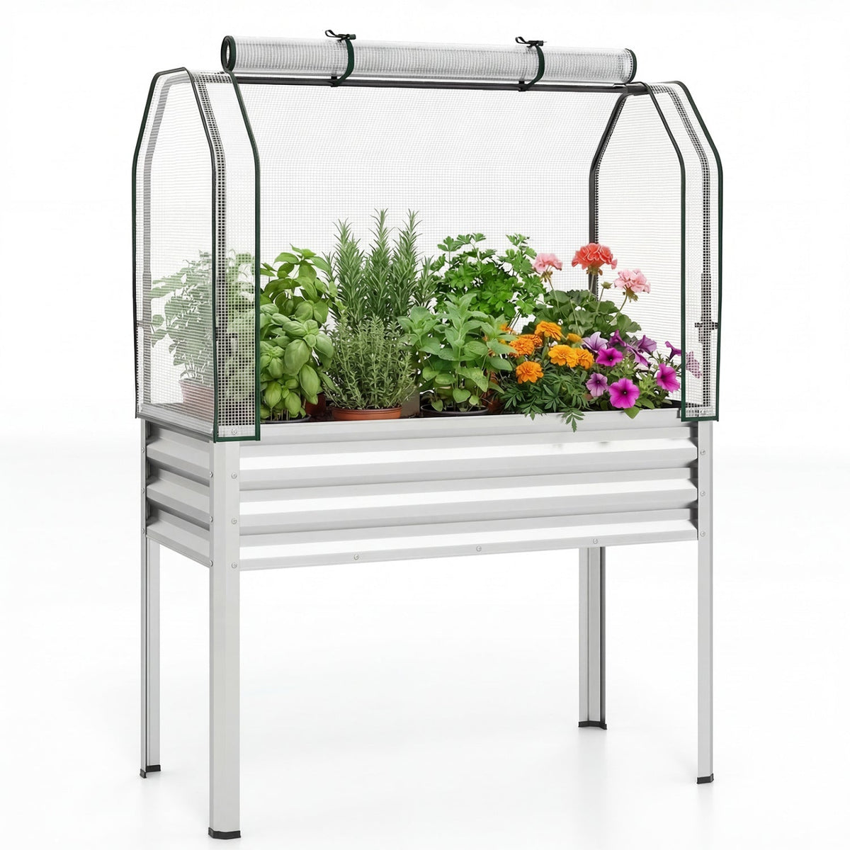 Galvanized Raised Garden Bed with Legs and Greenhouse Cover for Vegetable Flower, view 3