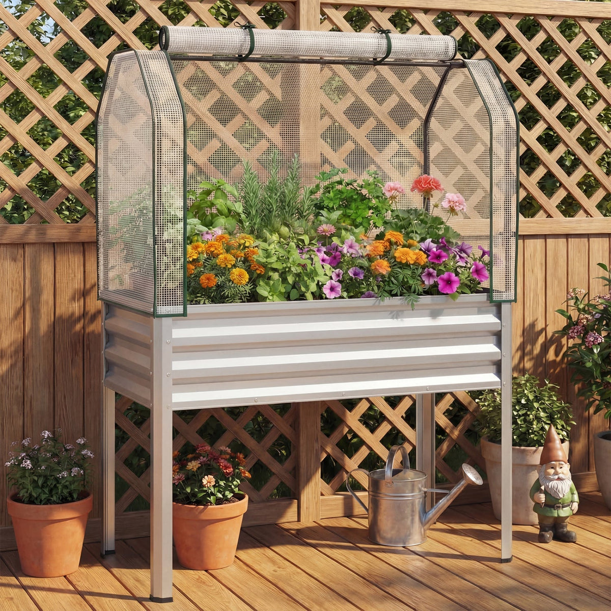 Galvanized Raised Garden Bed with Legs and Greenhouse Cover for Vegetable Flower