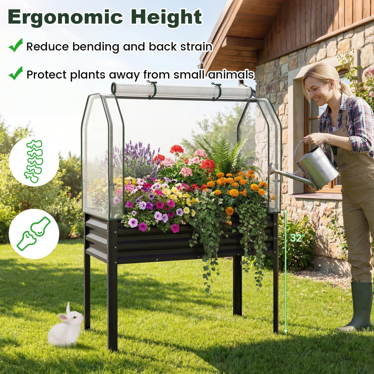Galvanized Raised Garden Bed with Legs and Greenhouse Cover for Vegetable Flower, view 7