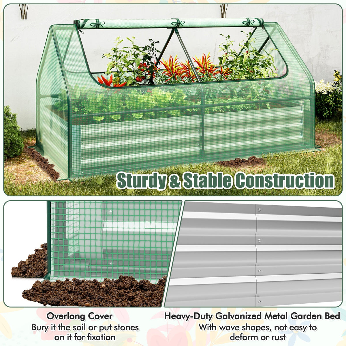 6 x 3 x 3 Feet Galvanized Raised Garden Bed with Greenhouse, view 15